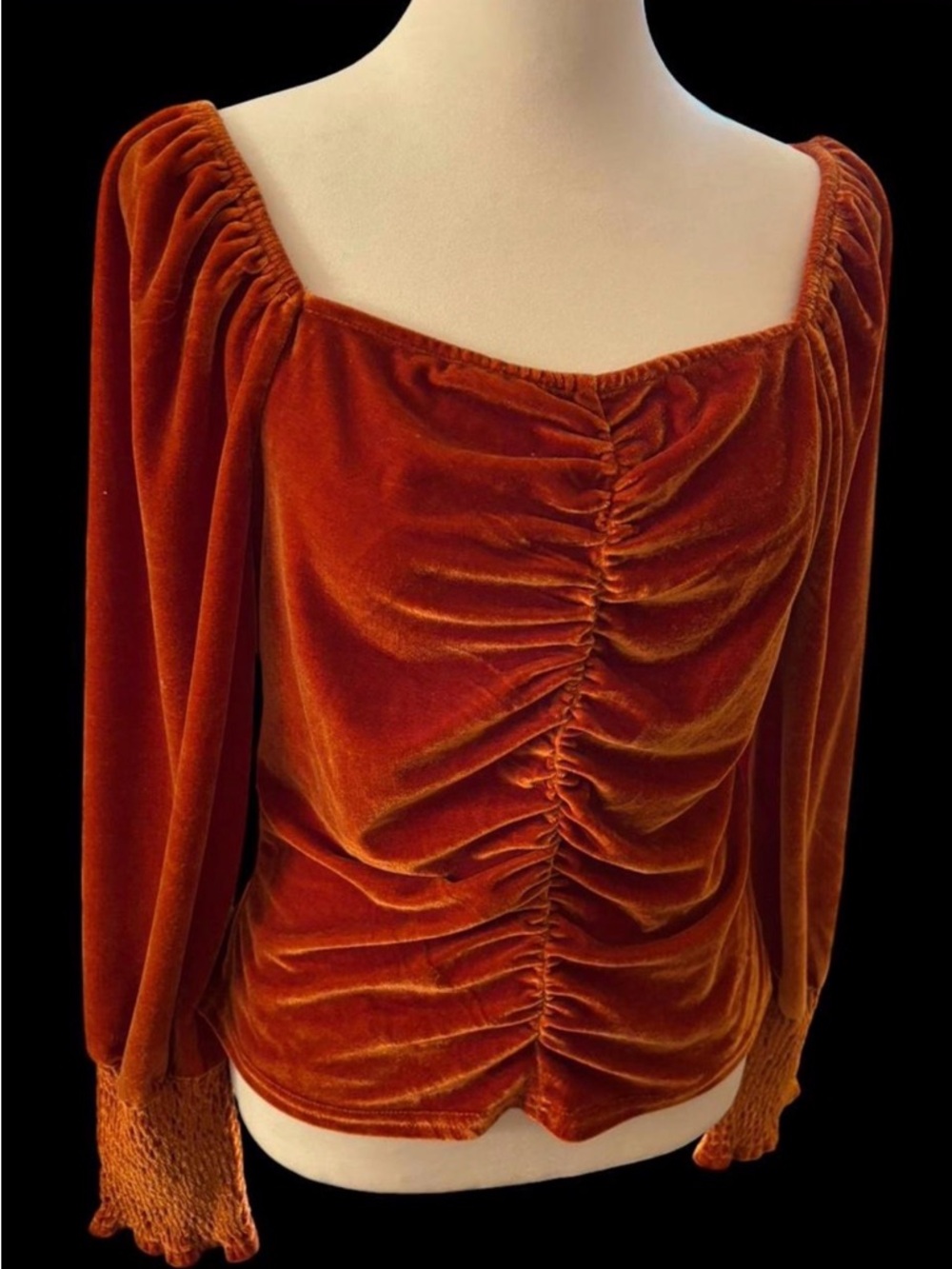 ✨ Amber Shu Rust Velvet Ruched Peasant Top Whimsigoth Romantic